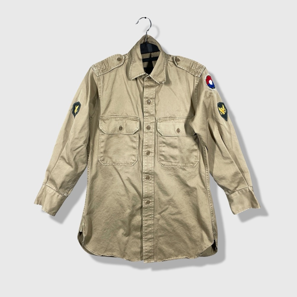 Unbranded Military Utility Shirt Mens S Tan Vintage Army Patches Workwear